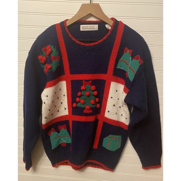 Karen Scott Sweater Womens Small Christmas Blue Red Shoulder Pads - Picture 1 of 6